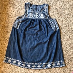 Light denim short dress with embroidery